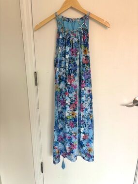 Tahari Blue Floral Halter Midi Dress with Silver Ring Accents